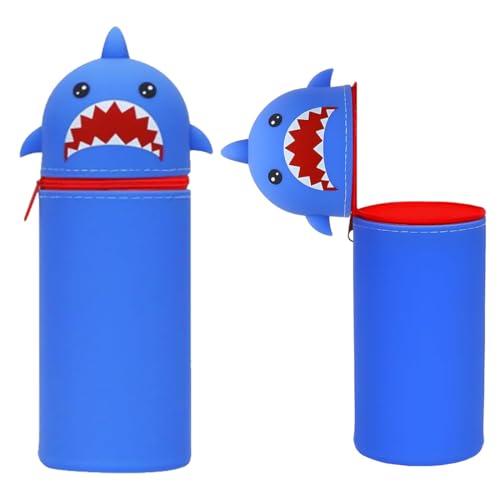 Aethryon 2-in-1 Schulmäppchen aus weichem Silikon, Kawaii Federmäppchen, Cartoon Federmäppchen, Tischstifthalter, Stand Up Federmäppchen, Stifte Mäppchen (Blauer Hai) von Aethryon