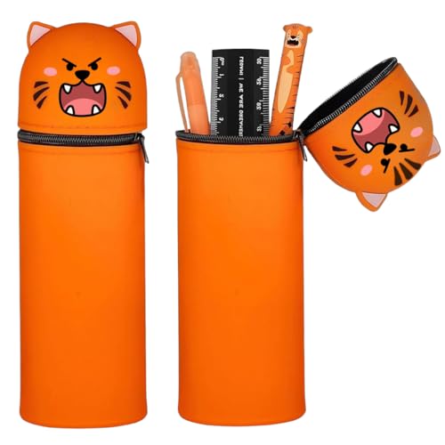 Aethryon 2-in-1 Schulmäppchen aus weichem Silikon, Kawaii Federmäppchen, Cartoon Federmäppchen, Tischstifthalter, Stand Up Federmäppchen, Stifte Mäppchen (Orange Tiger) von Aethryon