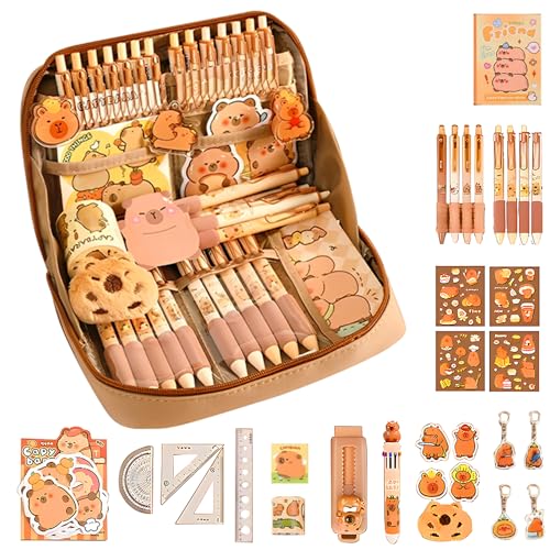 Afenau Capybara Federmäppchen, 55 Stück Capybara Schreibwaren Set mit Fächern, Stiften, Clips, Capybara Sticker, Linealen und Mehr, Capybara Mäppchen, Capybara Schulsachen für Kinder von Afenau
