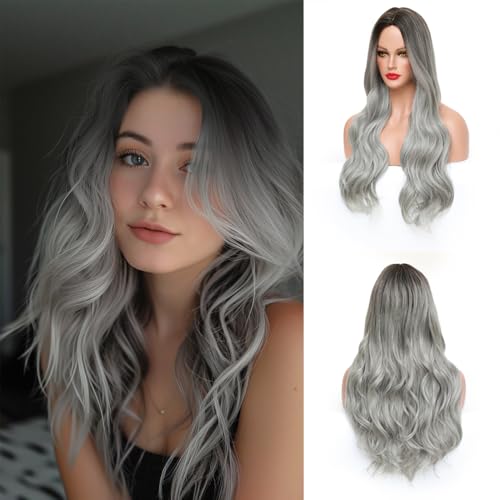 Perücke Grau Lang, Afenau 26’’ Halloween Perücke Damen Grau, Atmungsaktiv Graue PerückeDamen, Natürliche Gradient PerückeGrau Damens für Tägliche Drag Party, Cosplay von Afenau