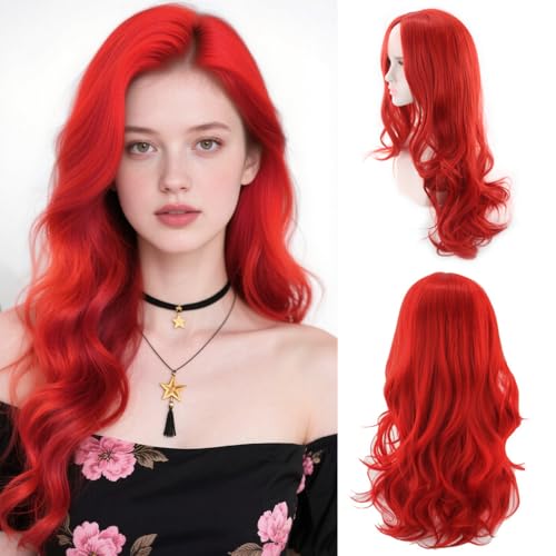 Perücke Rot Lang, Afenau 29’’ Rote Perücke Lang, Natürliche Synthese Perücken Damen Rot, Atmungsaktiv Red Wig, Mittelteil Wellige Perrücke Frauen Rote für Tägliche Drag Party, Cosplay von Afenau