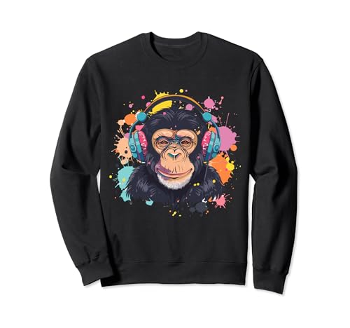 Tier Kunst Damen Deko Musik Herren Bunter Affe Mit Kopfhörer Sweatshirt von Affe mit Kopfhörer Frauen Musik Männer Bunt Design