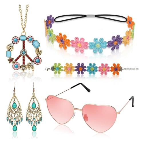 AffeGifts 5 Stück Hippy Zubehör Frauen, Boho 70er Zubehör für Frauen Mädchen mit rosa Sonnenbrille Daisy Stirnband Hippie Halskette Ohrringe Armband Retro 60er & 70er Mode Set von AffeGifts