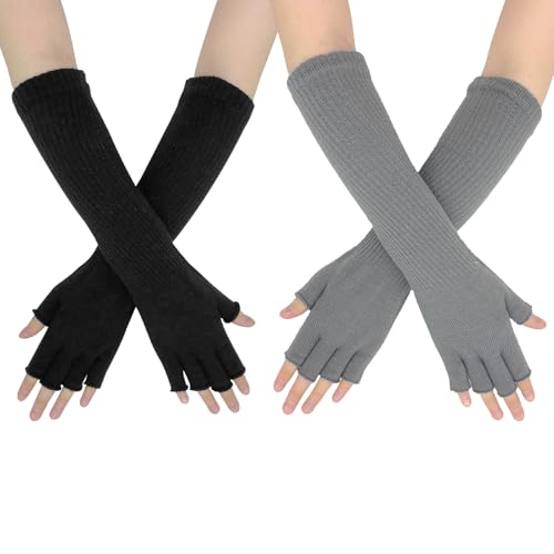 AffeGifts Armstulpen Gestrickt, 2 Paare Stulpen Arm Lange Gestrickte Halbfingerhandschuhe Handgelenk Warmer für Frauen Teen Girls Herbst Winter (Schwarz und Grau) von AffeGifts