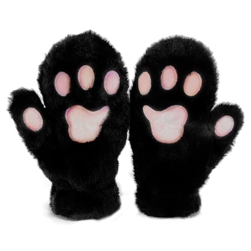 Katzenhandschuh, Plüsch Handschuhe Fäustlinge Nette Full Finger Handschuhe Warme Winter Handschuhe Katze Cosplay Handschuhe für Frauen Lady und Teenage Mädchen (Schwarz) von AffeGifts