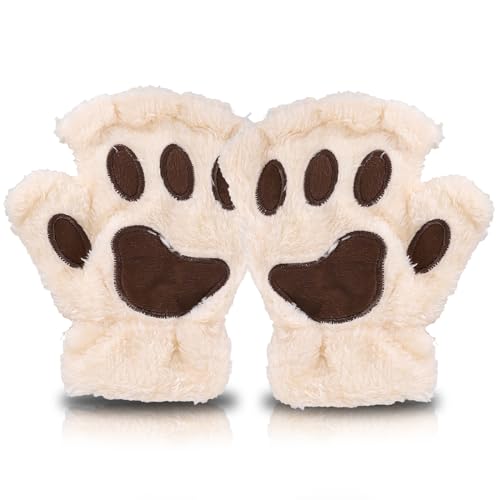 AffeGifts Katzenpfoten Handschuhe Cosplay, Plüsch Therian Handschuhe Netter Halber Finger Katzenhandschuhe Fingerlose Handschuhe Damen Winterhandschuhe für Frauen und Teenager Mädchen (Beige, M) von AffeGifts