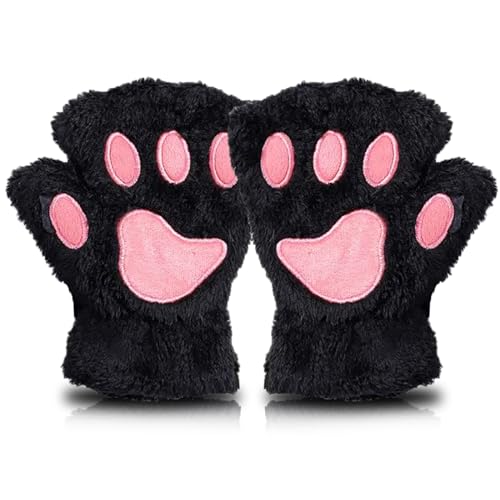 AffeGifts Katzenpfoten Handschuhe Cosplay, Plüsch Therian Handschuhe Netter Halber Finger Katzenhandschuhe Fingerlose Handschuhe Damen Winterhandschuhe für Frauen und Teenager Mädchen (Schwarz) von AffeGifts