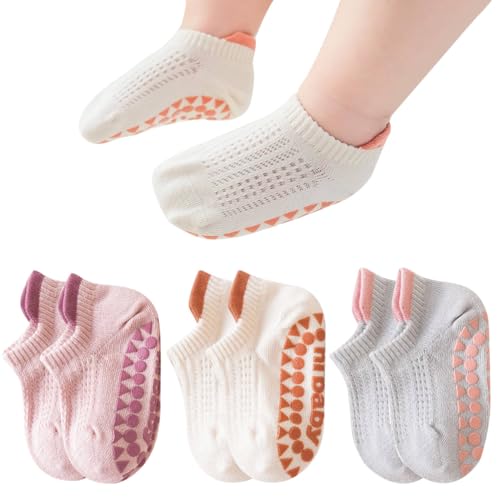 AffeGifts Rutschesocken Kleinkind 3 Paar Mädchen Griff Socken Kinder Rutschfeste Socken Kinder Knöchelsocken für 1-3 Jahre alt (DE/NL/SE/PL, Alter, 1 Jahr, 3 Jahre, 3, Lila, Beige und Grau) von AffeGifts