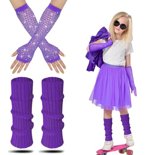 AffeGifts 80er Jahre Stulpen Kinder, 80er Jahre Outfit Kinder Neon Fischnetz Handschuhe Warm Leg Warmers Kids Schweißbänder Stulpen 80er Glitzer für Mädchen Fancy Kleid (Lila, 1) von AffeGifts