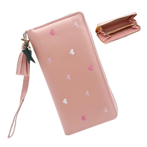 Damen Portemonnaie Groß, Nette Stickerei PU-Leder Geldbörse Damen Gross Große Kapazität Lange Damen Geldbörse mit Abnehmbarem Handgelenk Riemen Münze Taschenkartenhalter für Mädchen Damen Frauen von AffeGifts