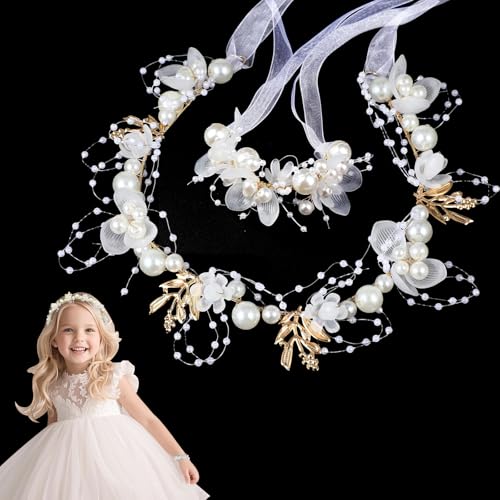 Haarschmuck Blumenmädchen, Kopfschmuck Silber mit Armband Erste Heilige Kommunion Stirnband Perle Haarreifen Hochzeit für Mädchen Geburtstag Prinzessin Geschenke von AffeGifts