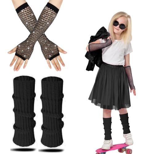 AffeGifts 80er Jahre Stulpen Kinder, 80er Jahre Outfit Kinder Neon Fischnetz Handschuhe Warm Leg Warmers Kids Schweißbänder Stulpen 80er Glitzer für Mädchen Fancy Kleid (Schwarz, Einheitsgröße) von AffeGifts