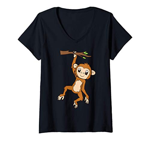 Damen Äffchen am Ast Süßer Hängender Baby Affe Kinder Affe T-Shirt mit V-Ausschnitt von Affen Bekleidung und Affengeschenke