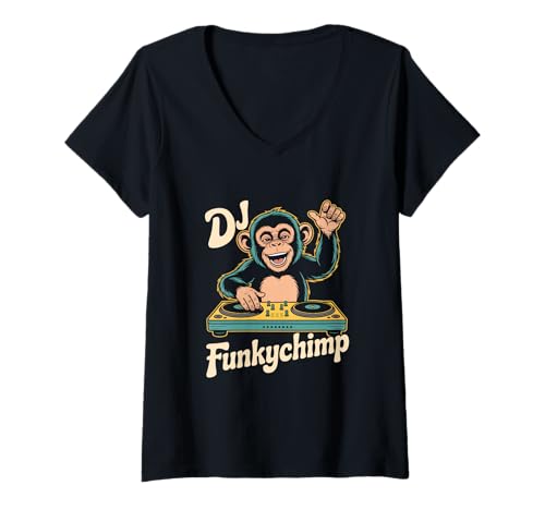 Damen DJ Funkychimp AFFE Am Mischpult Club Party Retro T-Shirt mit V-Ausschnitt Damen DJ Funkychimp AFFE Am Mischpult Club Party Retro T-Shirt mit V-Ausschnitt von Affen DJ Mischpult Club Party Funk Retro