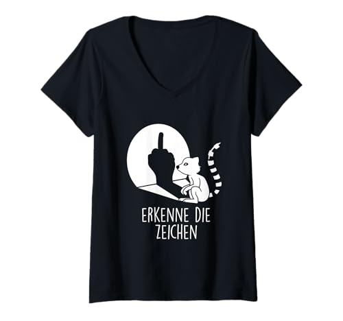 Damen Affen Winkeaffe Mittelfinger Lemur Affe Erkenne die Zeichen T-Shirt mit V-Ausschnitt von Affen Mittelfinger Sarkasmus Zynische Geschenke
