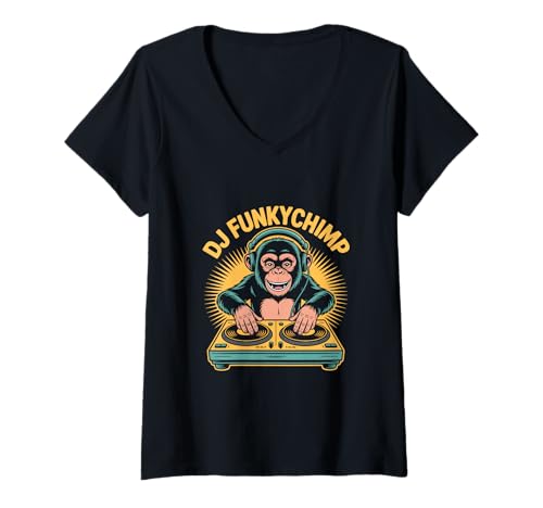 Damen DJ Funkychimp Affen DJ Musik Club Party Rave T-Shirt mit V-Ausschnitt Damen DJ Funkychimp Affen DJ Musik Club Party Rave T-Shirt mit V-Ausschnitt von Affen Musik Schimpanse Turntables Club Rave