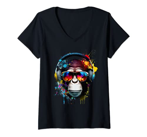Damen DJ Monkey Affen mit Sonnenbrille T-Shirt mit V-Ausschnitt Damen DJ Monkey Affen mit Sonnenbrille T-Shirt mit V-Ausschnitt von Affen Safari Sonnebrille Geschenkideen & Designs
