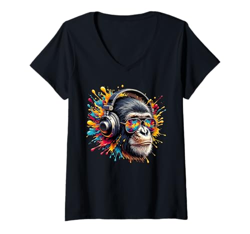 Damen DJ Monkey Affen mit Sonnenbrille T-Shirt mit V-Ausschnitt Damen DJ Monkey Affen mit Sonnenbrille T-Shirt mit V-Ausschnitt von Affen Safari Sonnebrille Geschenkideen & Designs
