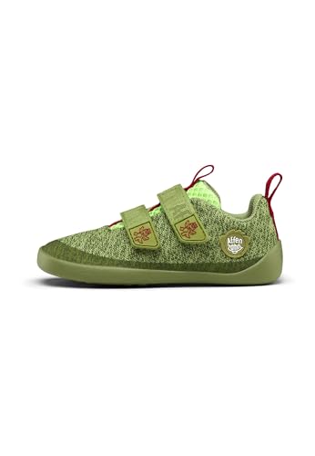 Affenzahn Barfußschuh Knit Happy mit Klettverschluss, Vegan, rutschfest, Flexibel, Reflektierend, besonders leicht in Größe 21-32 Drache - Grün von Affenzahn