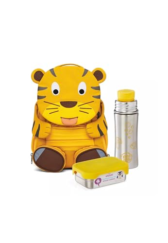 Affenzahn Großer Freund Bundle mit Trinkflasche und Brotdose Kita Rucksack Set Tiger - Gelb von Affenzahn