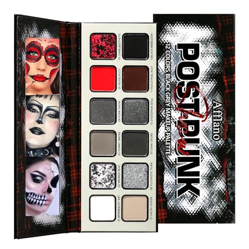 Afflano Lidschatten Palette Schwarz Weiß Grau, White Black Red Goth Halloween Eyeshadow Palette, Silber Glitzer Rot Liedschatenpalete Bunt Emo Grunge Gothic Smokey Augen Horror Vampir Zombie Schminke von Afflano