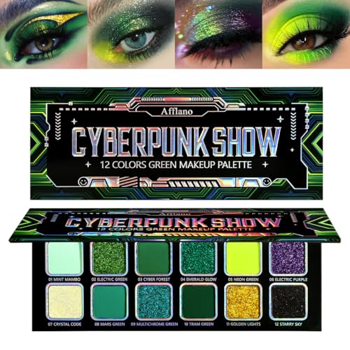 Afflano Multichrome Grüne Lidschatten Palette, Matte Schimmernde Chrom Green Glitter Eyeshadow, Gelb Blaue Lidschatten Für Frauen Grün Glitter Augen Make-Up, Gothic Smokey Dunkelgrüne Augen Makeup von Afflano