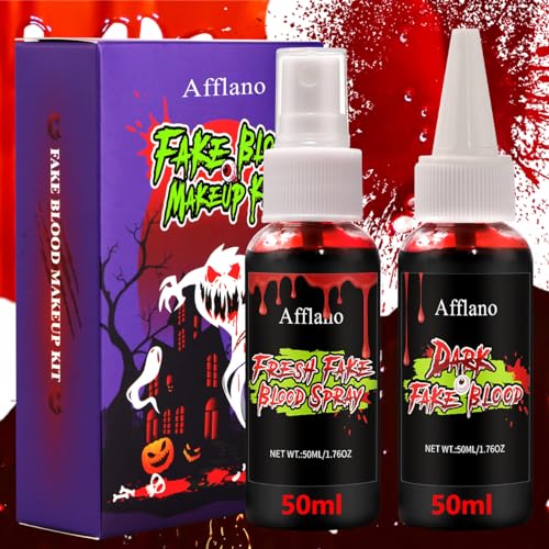 Afflano Realistisch Frisches Blutspray+ Dunkelrotes Tropfendes Kunstblut, Halloween Kunstblut Schminke Kit, Abwaschbar Sicher, Zombies Vampire Horror Wunde Narbe Monster Karneval Theater Kostüm 100ml von Afflano