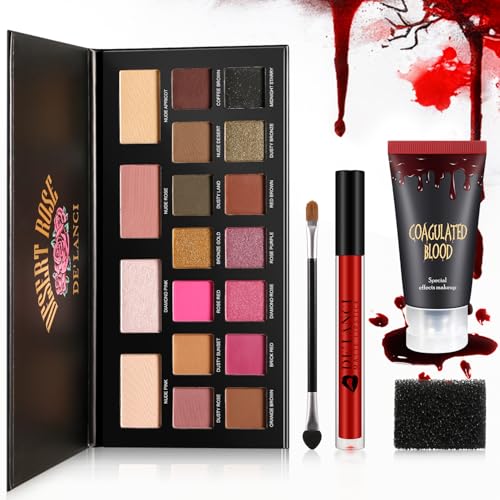 Afflano Vampir Prellung Makeup Kit, Halloween Makeup Palette Goth Nude Smoky Lidschatten Palette + Kunstblut 30ml + Dunkel Roter Lippenstift, Gothic Skelett Prinzessin Zombie Bruise Schminke, 5 Kit von Afflano