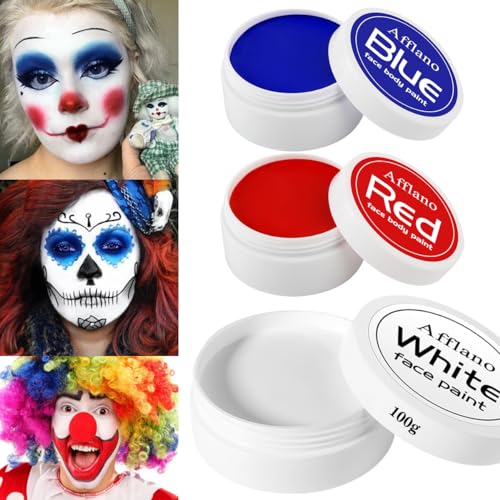 Afflano Weiße Körperfarbe 100g, Rote Blaue Gesichtsfarbe 100g, Halloween Gesicht Körperfarbe für Clown Joker Karneval Makeup, Gesichtsbemalung für SFX Skelett Fancy Dress Party Cosplay Sport von Afflano