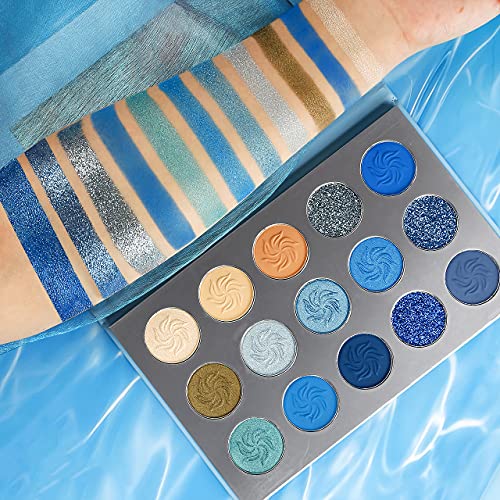 Blau Lidschatten Palette Matt Glitzer Hochpigmentierte,Afflano Pro Eyeshadow Palette Glitter Makeups,Lange Andauernd Soft Glam Schimmer Vegane Schmink Paletten-Lidschatten Set,15 Colors Space-Blue von Afflano