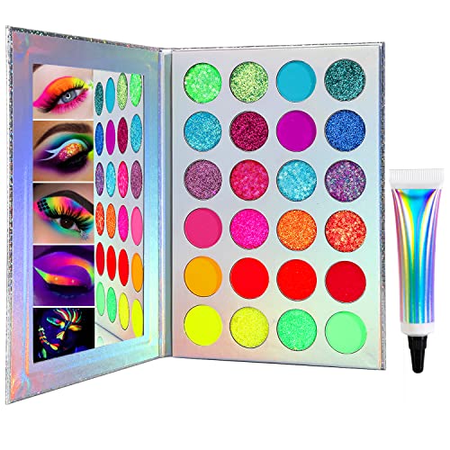 Bunt Neon Lidschatten Palette Glitzer,Afflano UV Grow Blacklight Makeup Eyeshadow Palettes Matte Glitter,für Augen,Gesicht,Körper,Hochpigmentierte Rot Gelb Lila Grün,Eye Shadow+Lidschattengrundierung von Afflano