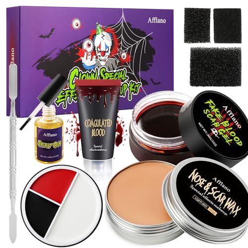 Halloween Make Up Set Zombie Vampir Gruseliger Clown Makeup, Party-Bühne, Joker Skelett-Kostüm Fantasie Spezialeffekte SFX Makeup,Gesicht,Körperbemalung,Wundnarbe Wachs Hautkleber,Kunstblut, 9 Kit von Afflano