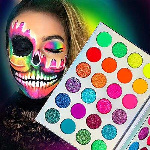 Lidschatten Palette Bunt Neon Luminous Glitter,Afflano UV Grow in Dark Blacklight Makeup Eyeshadow Palette Matt Glitzer,für Augen/Gesicht/Körper/Festival,Hochpigmentierte Eye Shadow Schminke 24 Farben von Afflano