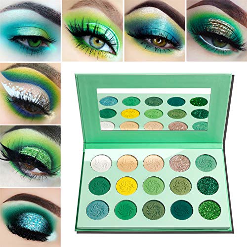 Lidschatten Palette Grüne Matt Glitzer,Afflano Avocado-Green Eyeshadow Palette Makeup Hochpigmentierte Wasserfest,Bunt Grün Glitter Metallic Schimmer Sparkle Travel Vegan Palette Lidschatten 15 Farben von Afflano
