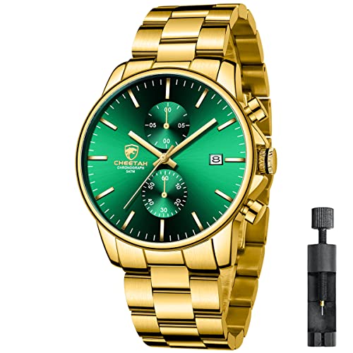 Affute Uhren Herren mit Edelstahl und Metall, Leger, Wasserdicht, Chronograph, Quarzuhr, Automatisches Datum, Bunte Zeiger Armbanduhr Herren - Gold Grün von Affute