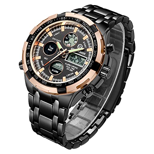 Affute Armbanduhr für Herren, Schwerer Chronograph aus Edelstahl, wasserdicht, mit Datums- und Alarmfunktion, Analog-/Digitalanzeige (Roségold Schwarz) von Affute