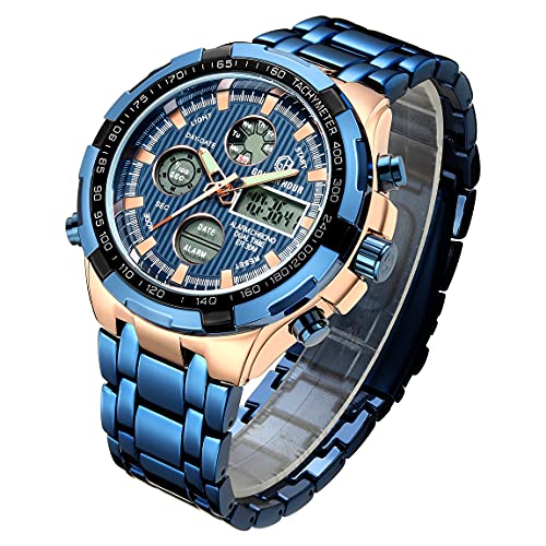 Affute Armbanduhr für Herren, Schwerer Chronograph aus Edelstahl, wasserdicht, mit Datums- und Alarmfunktion, Analog-/Digitalanzeige (Rose Gold Blue) von Affute