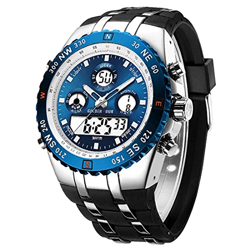 Herren Chunky Uhren Sport wasserdichte Stoppuhr Riesiges Gesicht, Datumsalarm, Light Digital, Analoge Militär Edelstahl Armbanduhr mit Gummiband (Silberblau) von Affute