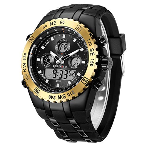 Herren Chunky Uhren Sport wasserdichte Stoppuhr Riesiges Zifferblatt, Datumsalarm, Light Digital, Analoge Militär Edelstahl Armbanduhr mit Gummiband (Gold Schwarz) von Affute