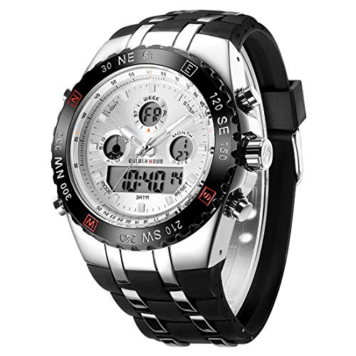 Herren Sport Chunky Uhren Wasserdicht Stoppuhr Datum Alarm Licht Digital Analog Militär Armbanduhr für Herren mit Kautschuk Band in Silber Weiß von Affute