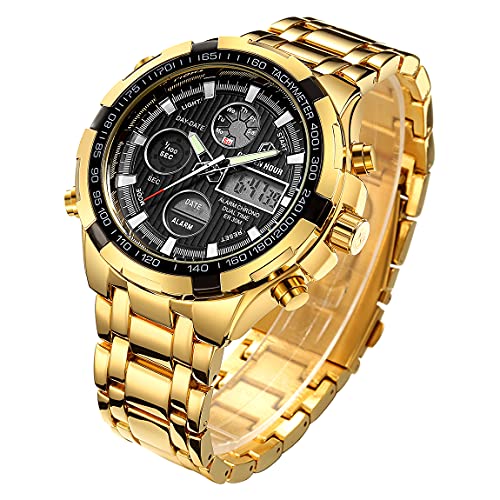 Affute Luxus-Armbanduhr für Herren, Schwerer Chronograph aus Edelstahl, goldfarben, wasserdicht, mit Datums- und Alarmfunktion, Analog-/Digitalanzeige von Affute