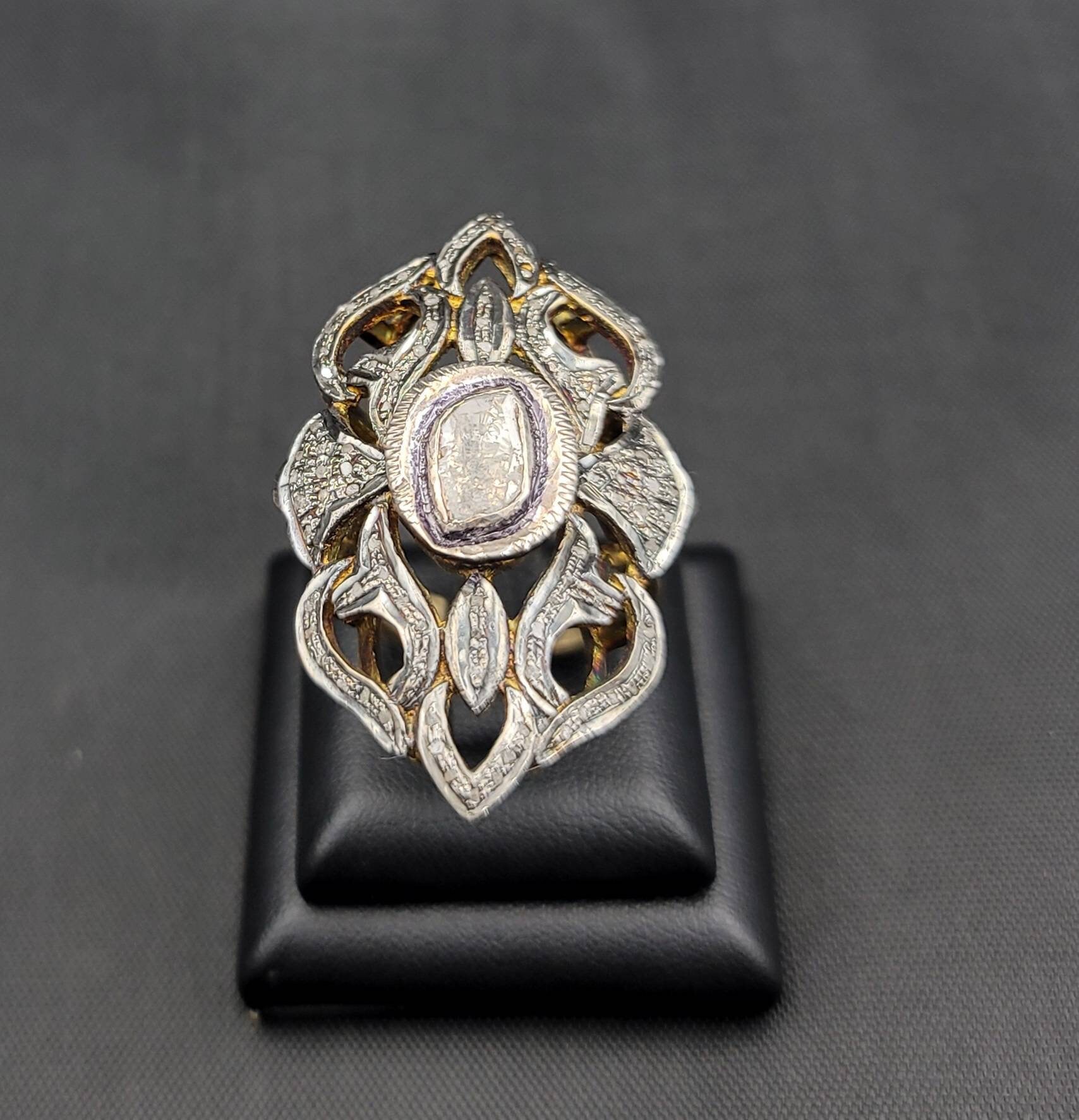 Riesiger Vintage Silber Gold Gulding Ring Mit Natürlichem Rosenschliff Rough Daimond Riesiger Vintage Silber Gold Gulding Ring Mit Natürlichem Rosenschliff Rough Daimond von AfghanJewelryShop