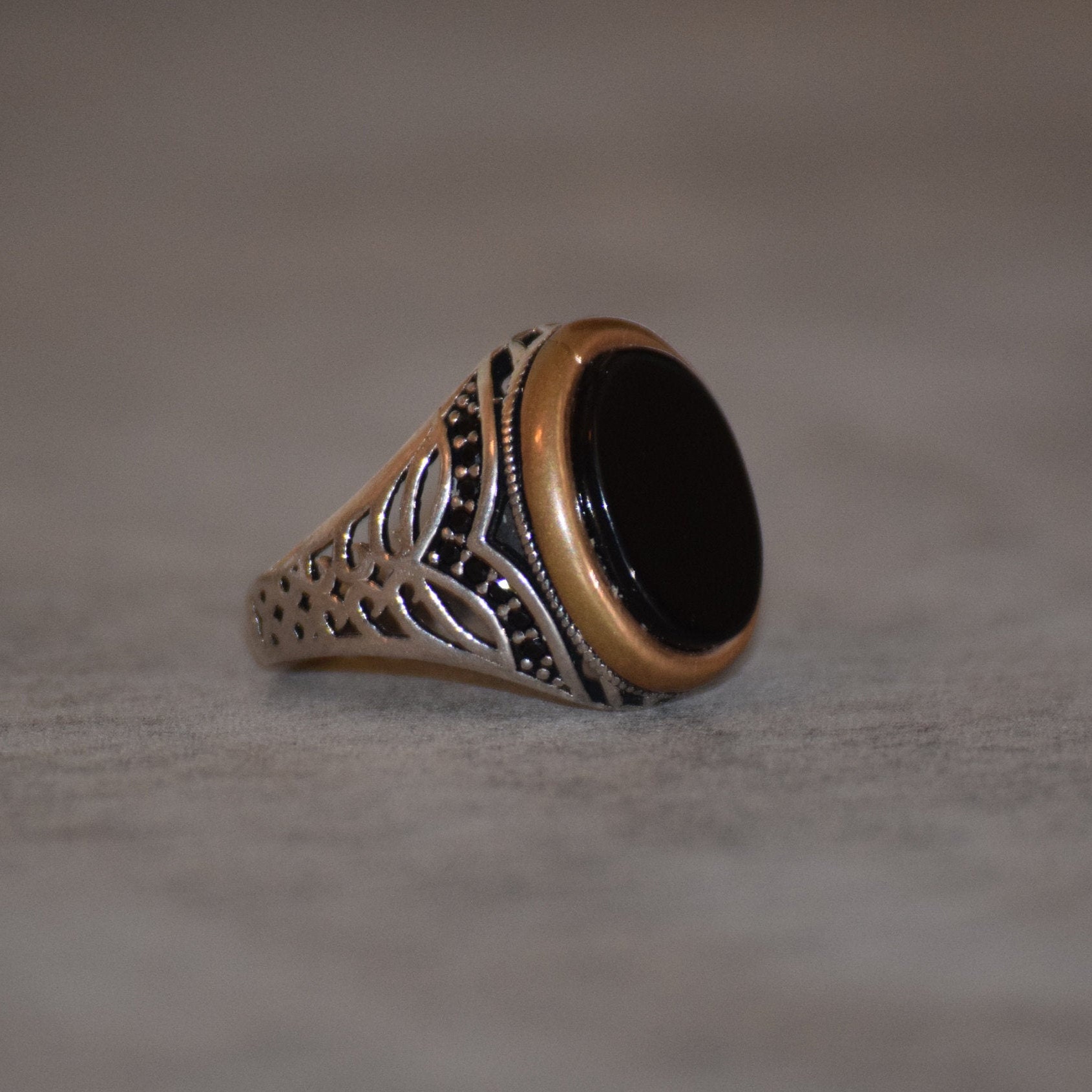 Schwarzer Onyx Edelstein Silber Herren Ring, 925 Afghan Handarbeit Graviert Vintage Stil Geschenk Für Ihn von AfghanJewelz