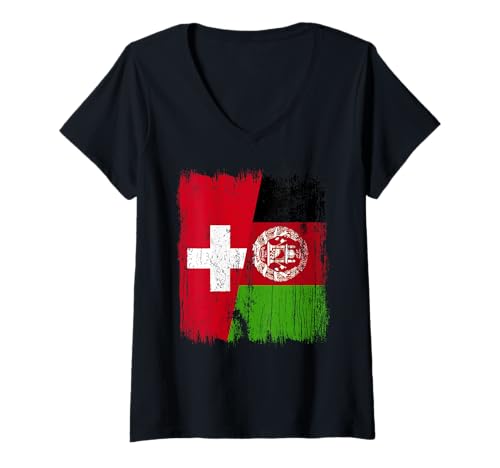 Damen Schweiz Afghanistan Halbflagge Schweiz afghanisches Erbe T-Shirt mit V-Ausschnitt Damen Schweiz Afghanistan Halbflagge Schweiz afghanisches Erbe T-Shirt mit V-Ausschnitt von Afghanistan Flag Designs Proud Afghan Roots