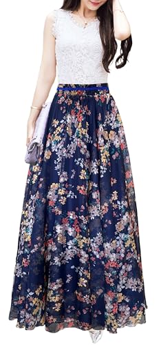 Afibi Boho Floral Long Summer Beach Chiffon Wrap Cover Up Maxi Rock für Frauen, marineblau, Groß von Afibi