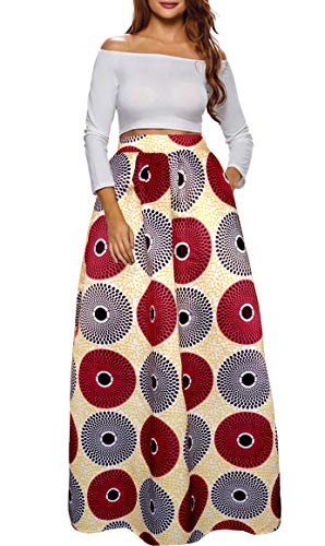 Afibi Damen Afrikanischer bedruckter Maxirock ausgestellter Rock A Linie lange Röcke mit Taschen S-5XL, Muster 11, XX-Large von Afibi