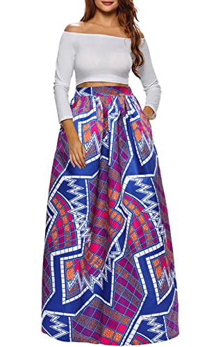 Afibi Damen Afrikanischer bedruckter lässiger Maxirock ausgestellter Rock A Linie lange Röcke mit Taschen - - 3X-Groß von Afibi