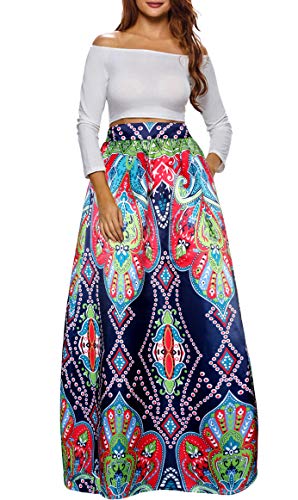 Afibi Damen Afrikanischer bedruckter lässiger Maxirock ausgestellter Rock A Linie lange Röcke mit Taschen - Blau - 5X-Groß von Afibi