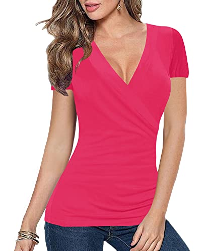 Afibi Damen-Bluse mit tiefem V-Ausschnitt, kurzärmelig, einzigartig, schmale Passform - Pink - X-Groß von Afibi