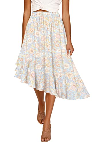 Afibi Damen Boho Floral High Waisted High Low Asymmetrischer Saum Midirock, Kornblume (Blau), Mittel von Afibi